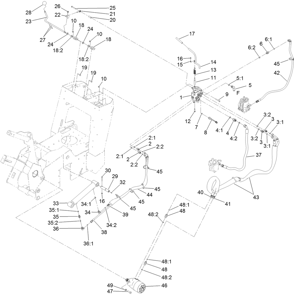 2-Spool Valve And Hydraulic Motor Assembly Diagram and Parts List for 22974 404710000 - 999999999 Toro Lawn Tractor Accessories