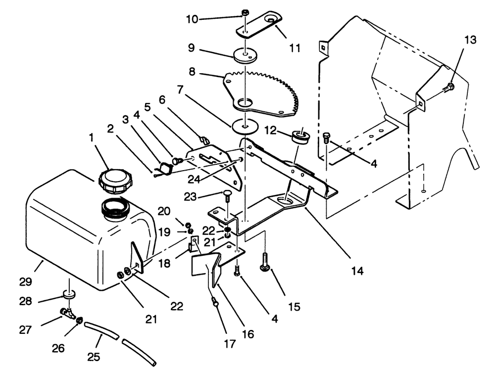 Fuel Tank And Steering Bracket Assembly Diagram and Parts List for 42-16BE01 2000001 - 2999999 Toro Lawn Tractor
