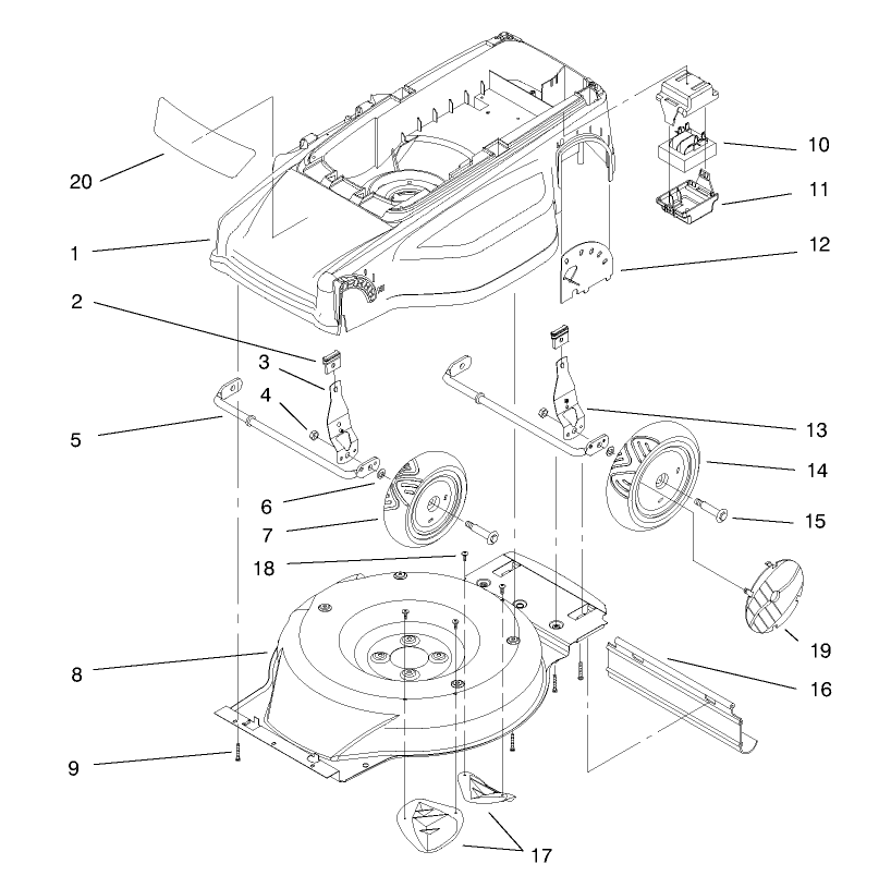 Deck, Liner And Wheel Assembly Diagram and Parts List for 21042 8900001 - 8999999 Toro Lawn Mower