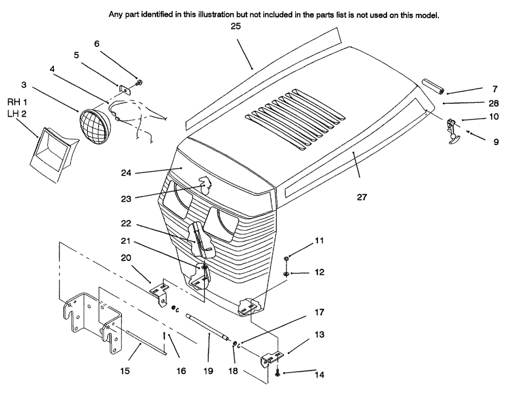Hood Assembly Diagram and Parts List for 73521 6900001 - 6999999 Toro Lawn Tractor