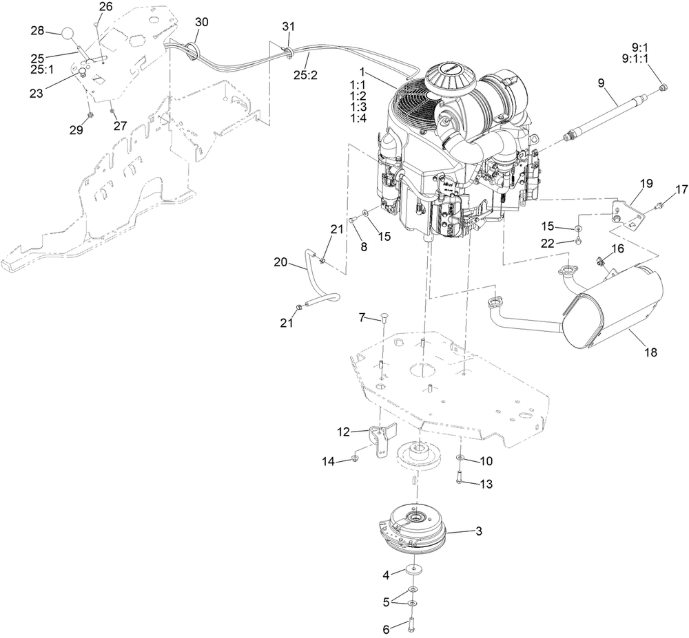 Engine, Clutch And Muffler Assembly Diagram and Parts List for 72949 412429053 - 412799999 Toro Lawn Tractor