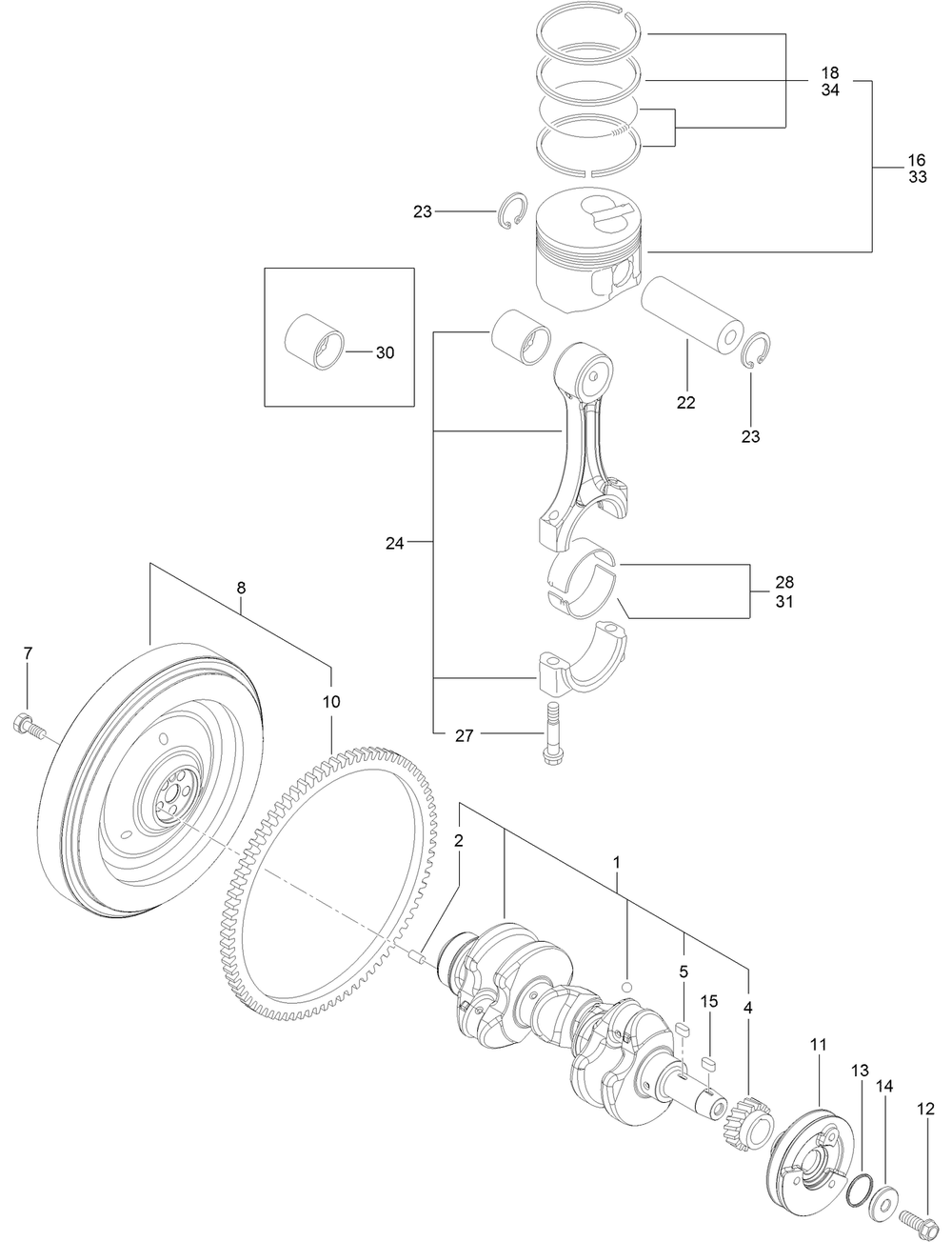 Crankshaft And Piston Assembly Diagram and Parts List for 22352 412900000 - 999999999 Toro Lawn Tractor Accessories