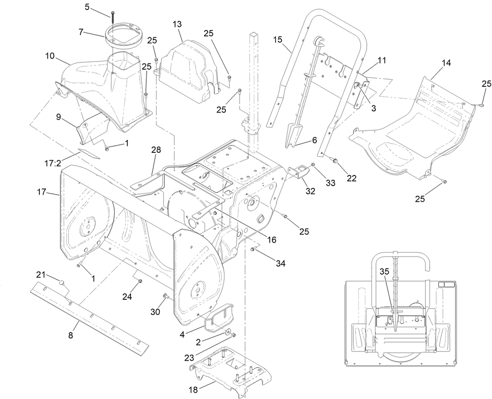Main Frame And Auger Housing Assembly Diagram and Parts List for 37798 413000000 - 416159999 Toro Snow Blower