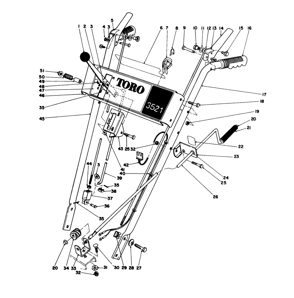Handle Assembly Diagram and Parts List for 38035 7000001 - 7999999 Toro Snow Blower