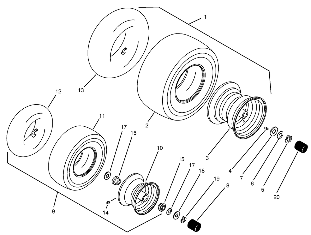 Wheels & Tires Assembly Diagram and Parts List for 74101 590001 - 599999 Toro Lawn Tractor