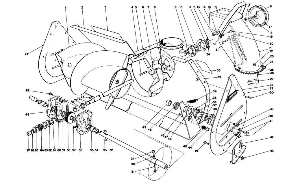 Auger Assembly Diagram and Parts List for 38150 7000001 - 7999999 Toro Snow Blower