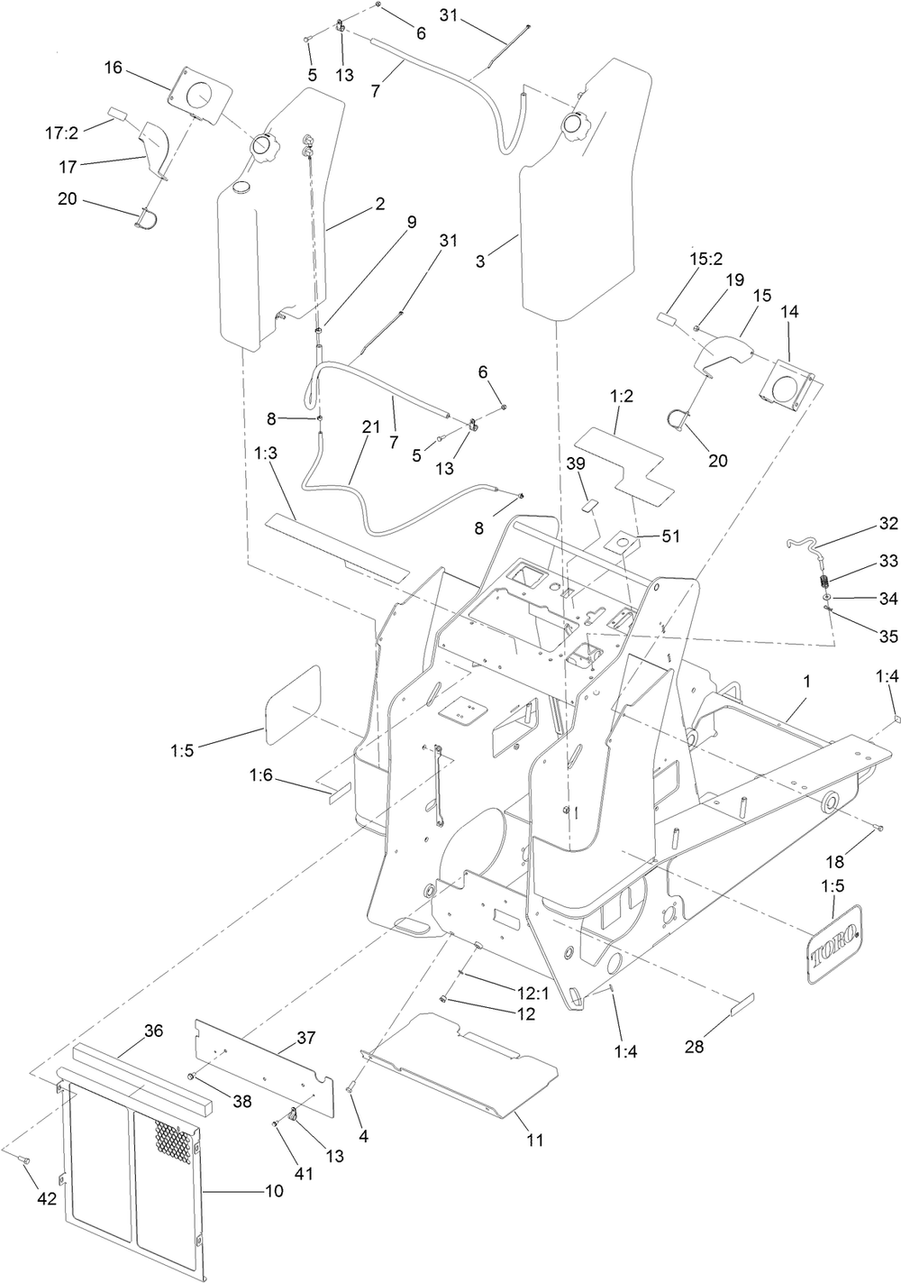Frame, Fuel Tank And Cover Assembly Diagram and Parts List for 22327HD 401900000 - 401999999 Toro Lawn Tractor Accessories