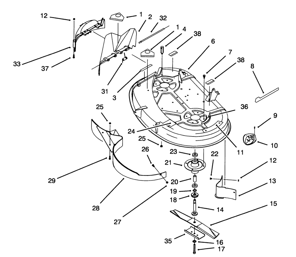 Housing & Spindle Assembly (38" Cutting Unit) Diagram and Parts List for 71184 5900001 - 5910000 Toro Lawn Tractor