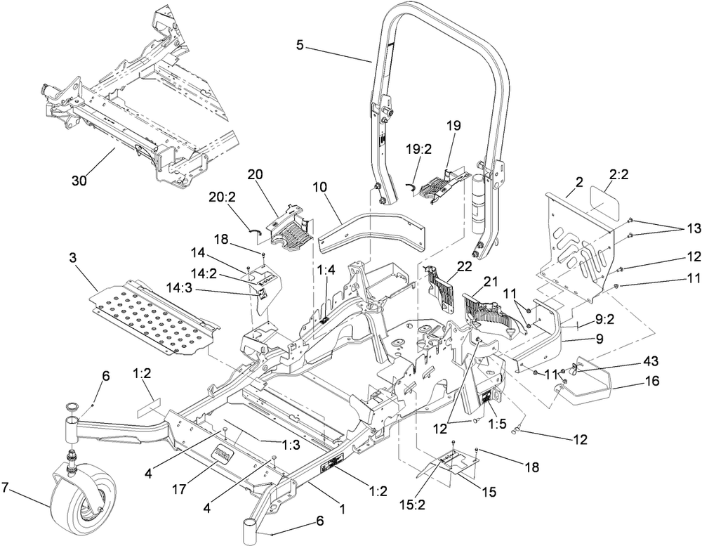 Front Frame, Caster Whee And Z Stand Assembly Diagram and Parts List for 74967CP (290000001-290999999)(2009) Toro Lawn Mower