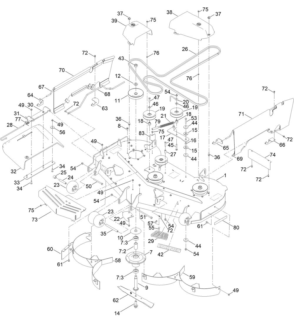 54in Deck Assembly Diagram and Parts List for 76530 417116866 - 417309999 Toro Lawn Tractor