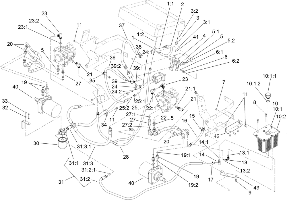Hydraulic System Assembly Diagram and Parts List for 74269 (313000001-313999999)(2013) Toro Lawn Mower