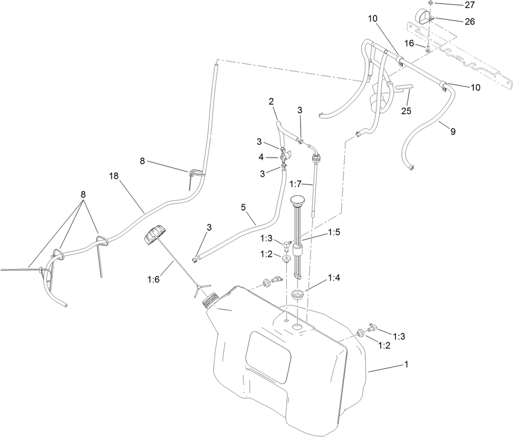 Fuel Tank Assembly Diagram and Parts List for 74536TE (313000001-313999999)(2013) Toro Lawn Mower