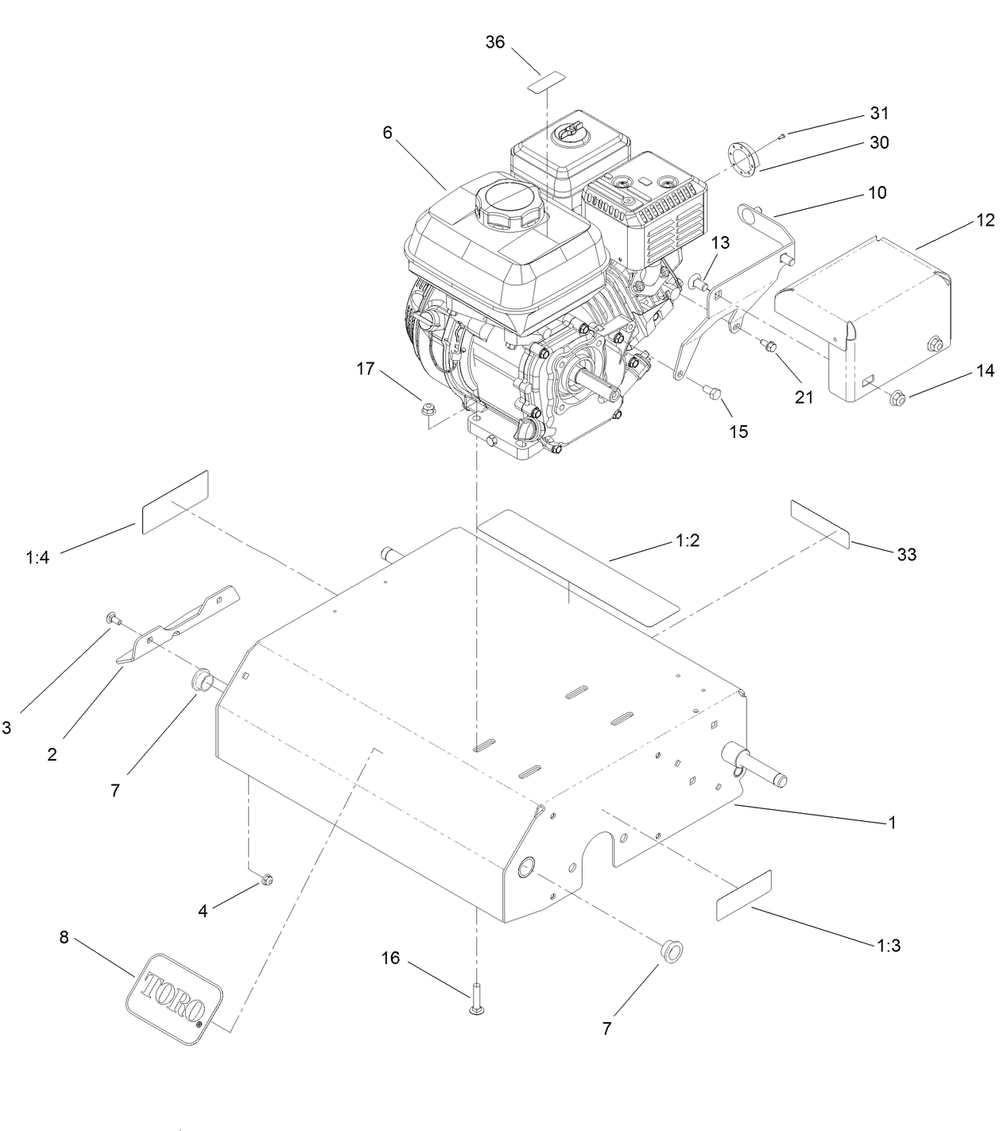 Frame And Engine Assembly Diagram and Parts List for 33513 411800000 - 999999999 Toro Dethatcher