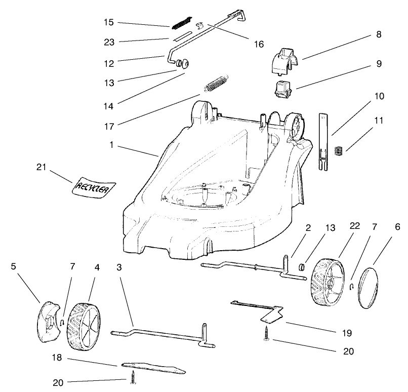Chassis Assembly Diagram and Parts List for 21062 9900001 - 9999999 Toro Lawn Mower