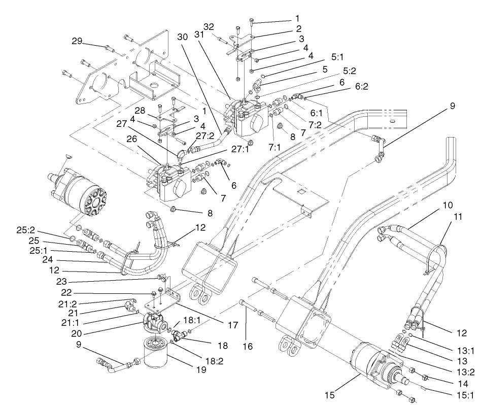 Front Hydraulic Assembly Diagram and Parts List for 74187 (200000501-200999999)(2000) Toro Lawn Mower