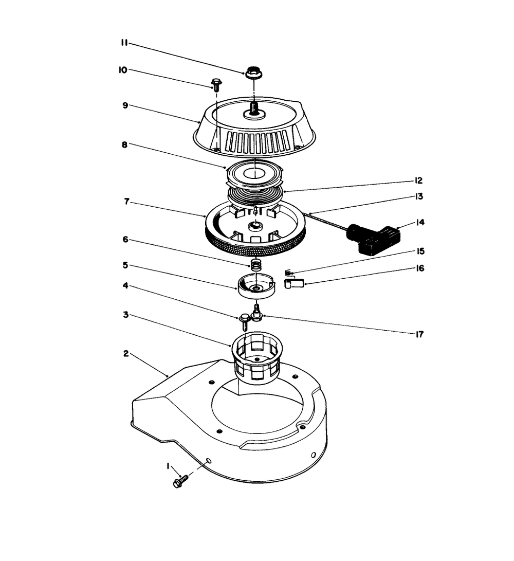 Recoil Starter Assembly Diagram and Parts List for 38180 7000001 - 7999999 Toro Snow Blower