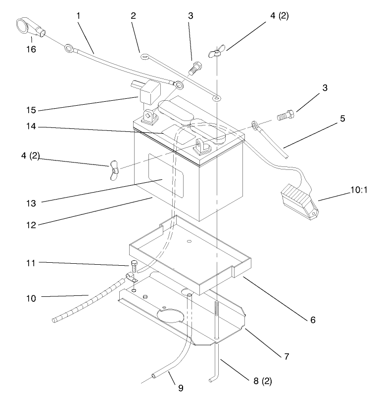 Battery Diagram and Parts List for 72102 8900001 - 8900399 Toro Lawn Tractor