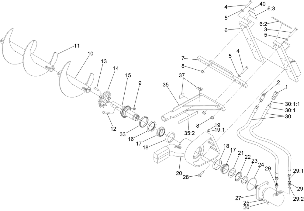 High-Torque Trencher Head Assembly Diagram and Parts List for 22473 404310000 - 999999999 Toro Lawn Tractor Accessories