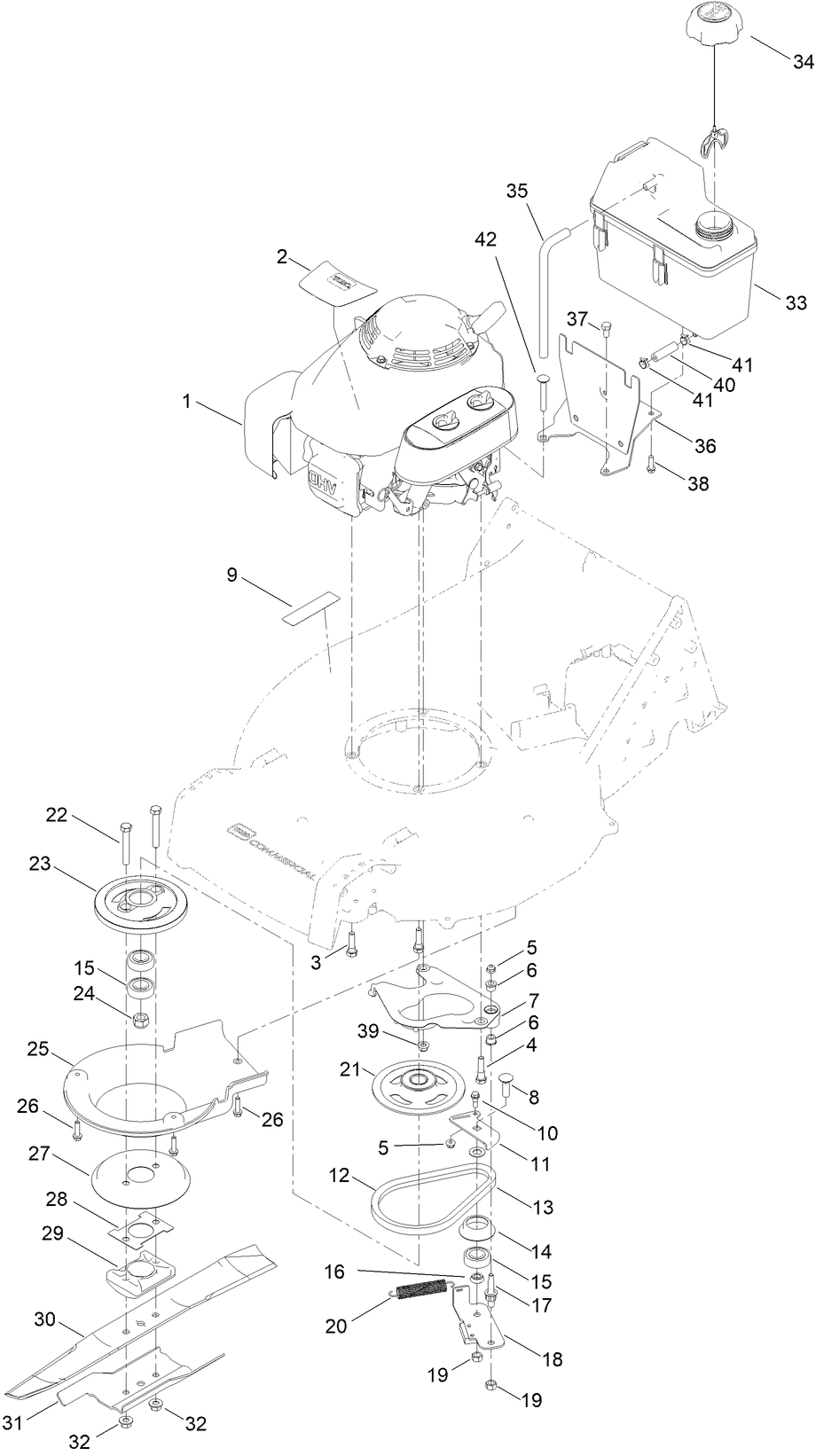 Engine And Blade Assembly Diagram and Parts List for 22296 412800000 - 999999999 Toro Lawn Mower