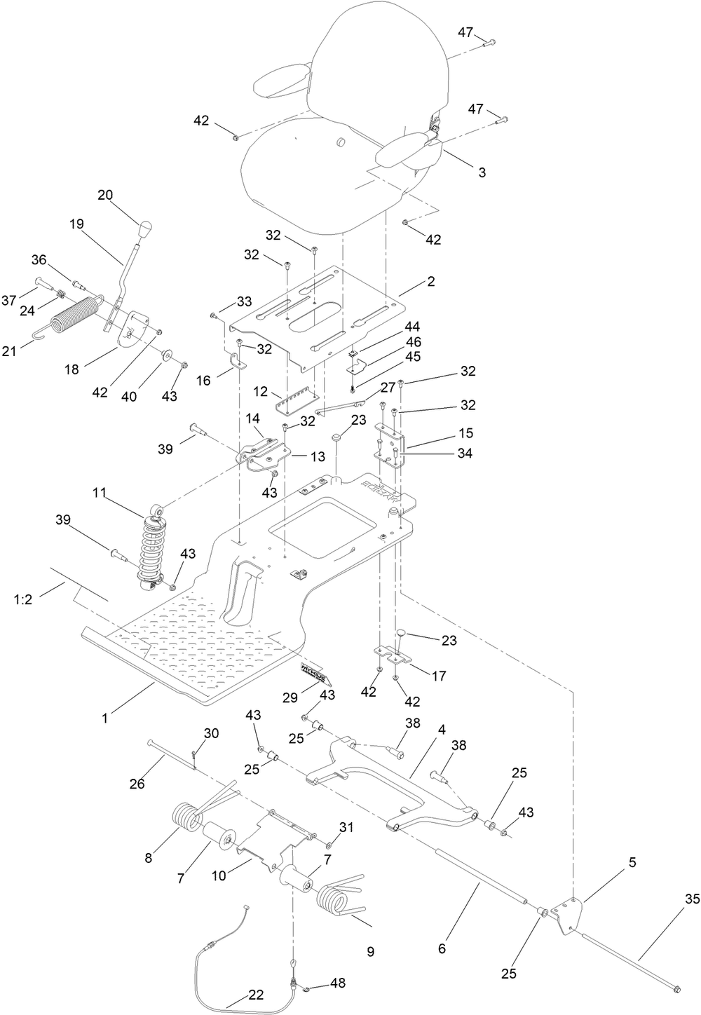 Seat Pan Assembly Diagram and Parts List for 74695 400000000 - 412699999 Toro Lawn Tractor