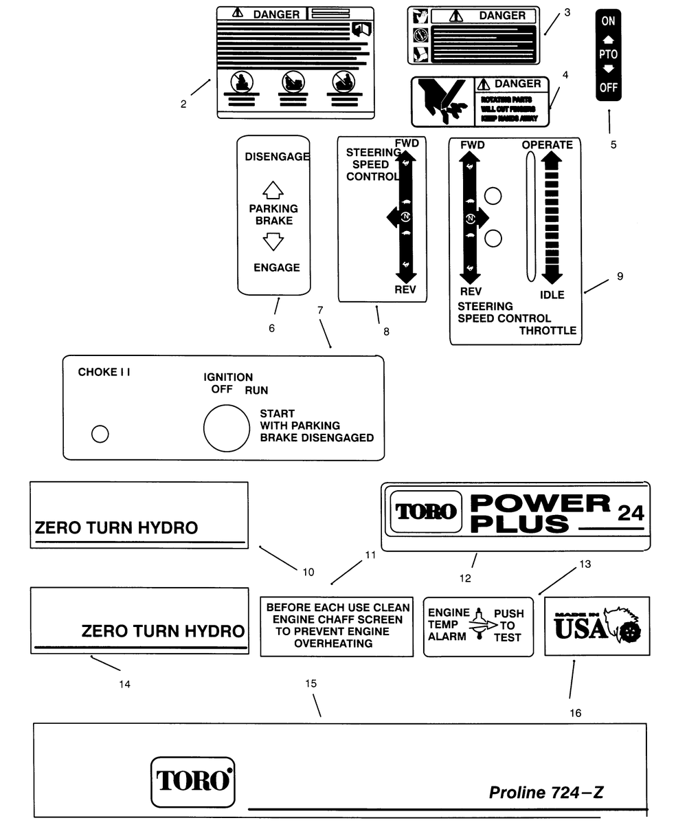 Decals Diagram and Parts List for 74140 590001 - 599999 Toro Lawn Tractor