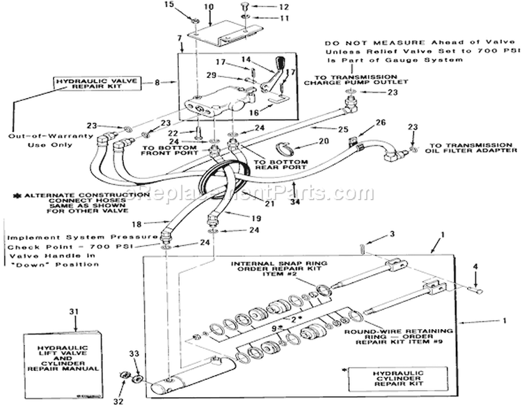 Hydraulic System-400 Series Diagram and Parts List for 31-18KE01 1987 Toro Lawn Tractor