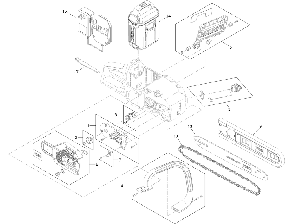 16in Cordless Chainsaw Assembly Diagram and Parts List for 51851 322000001 - 322999999 Toro Chainsaw