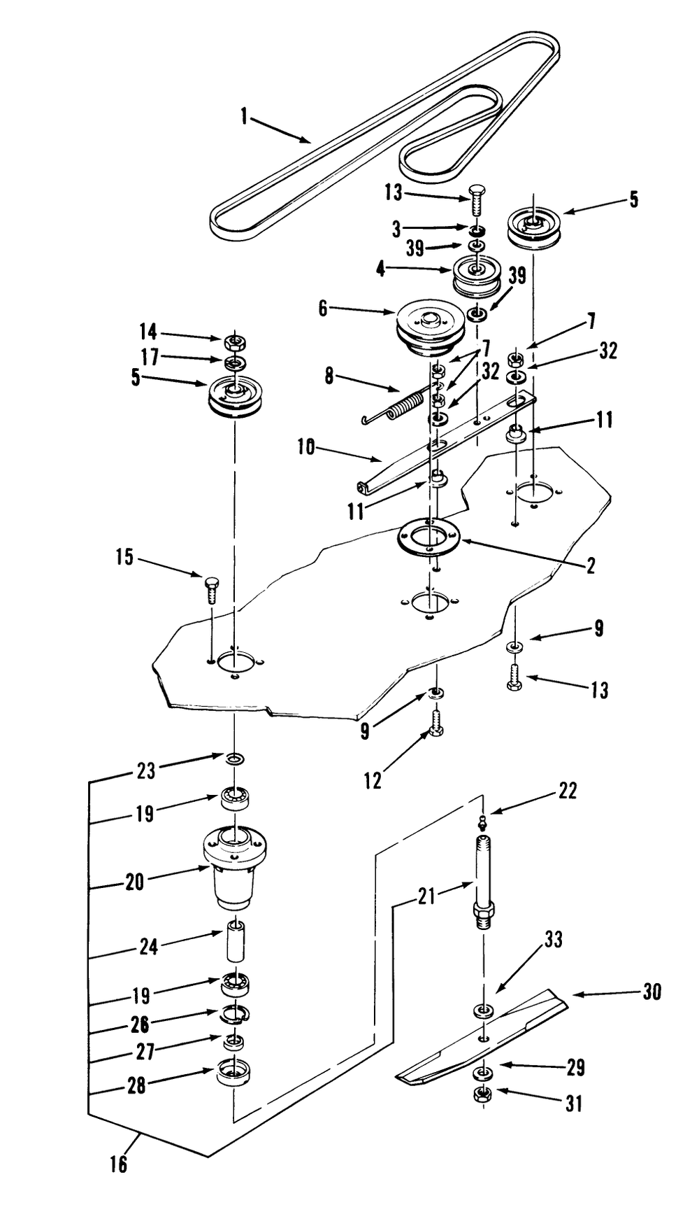 Belt & Spindle Assembly Diagram and Parts List for D5-42MS01 2000001 - 2999999 Toro Lawn Mower