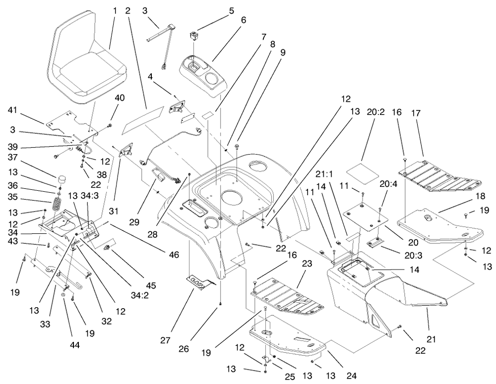 Fender, Footrest, & Seat Assembly Diagram and Parts List for 73561 9900001 - 9999999 Toro Lawn Tractor