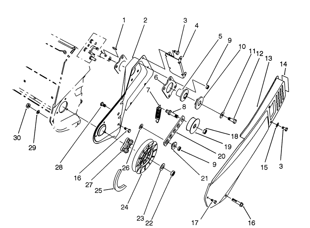 Pulley & Belt Cover Assembly Diagram and Parts List for 38175 3900001 - 3999999 Toro Snow Blower