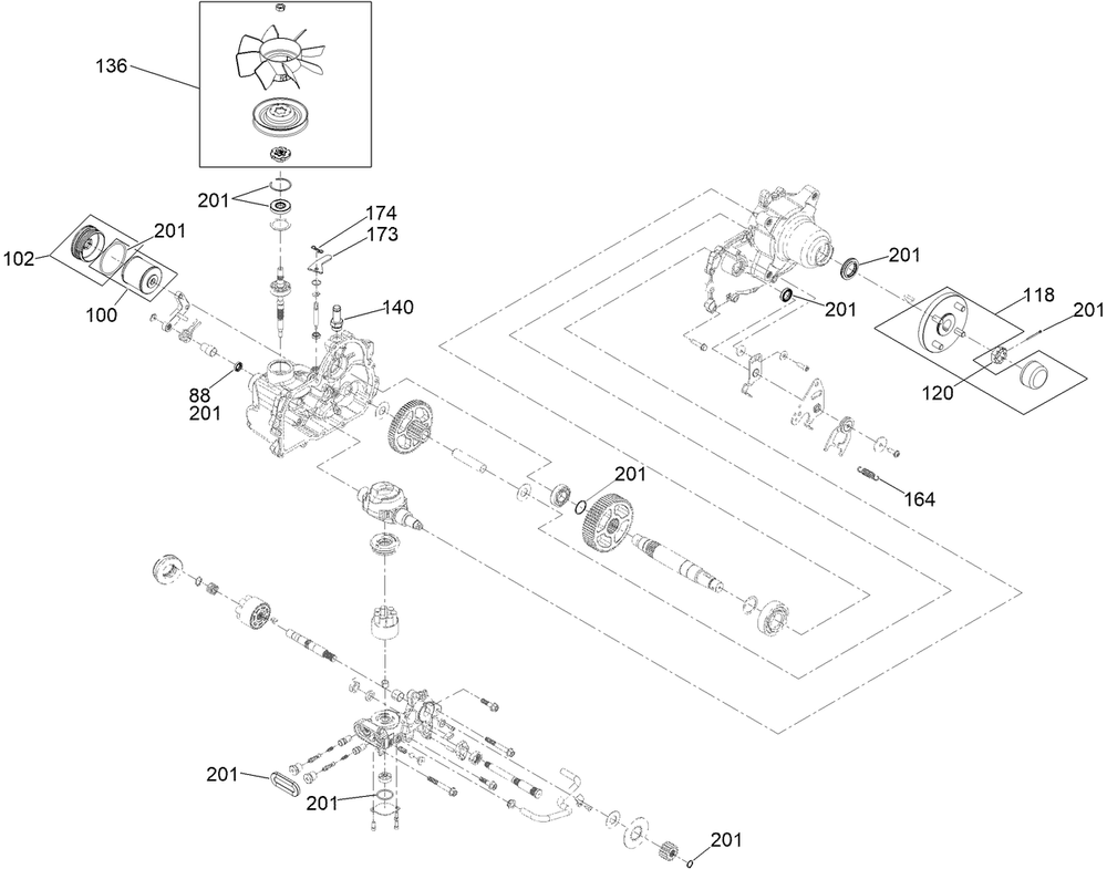 Lh Transaxle Assembly Diagram and Parts List for 74048TE 410170000-411435567 Toro Lawn Tractor