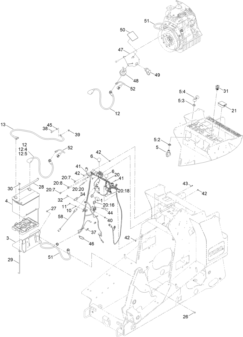 Electrical Assembly Diagram and Parts List for 22327G 405800000 - 407139999 Toro Lawn Tractor Accessories