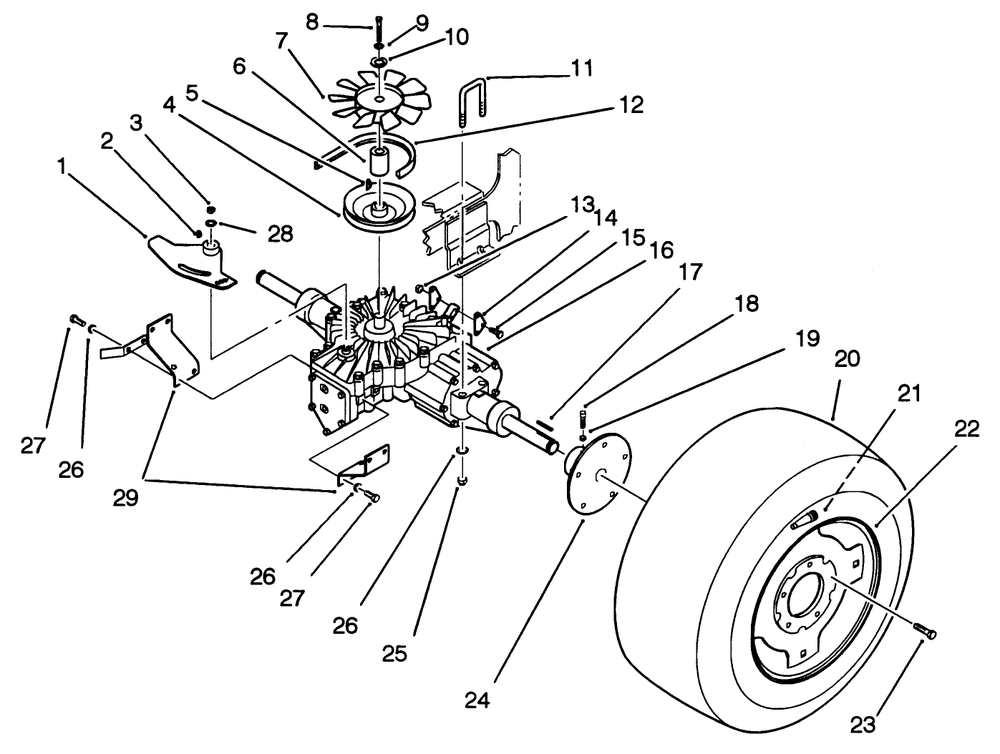 Rear Wheel And Transmission Assembly Diagram and Parts List for 22-14OE02 2000001 - 2999999 Toro Lawn Tractor