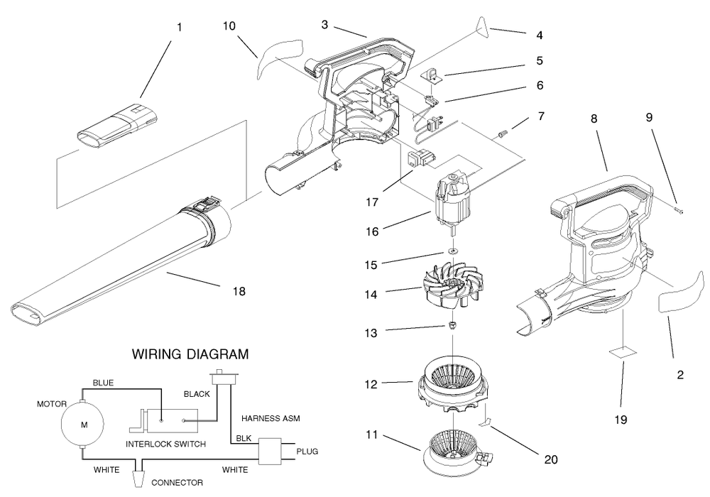 Blowervac Assembly Diagram and Parts List for 51587 99100001 - 99499999 Toro Leaf Blower / Vacuum