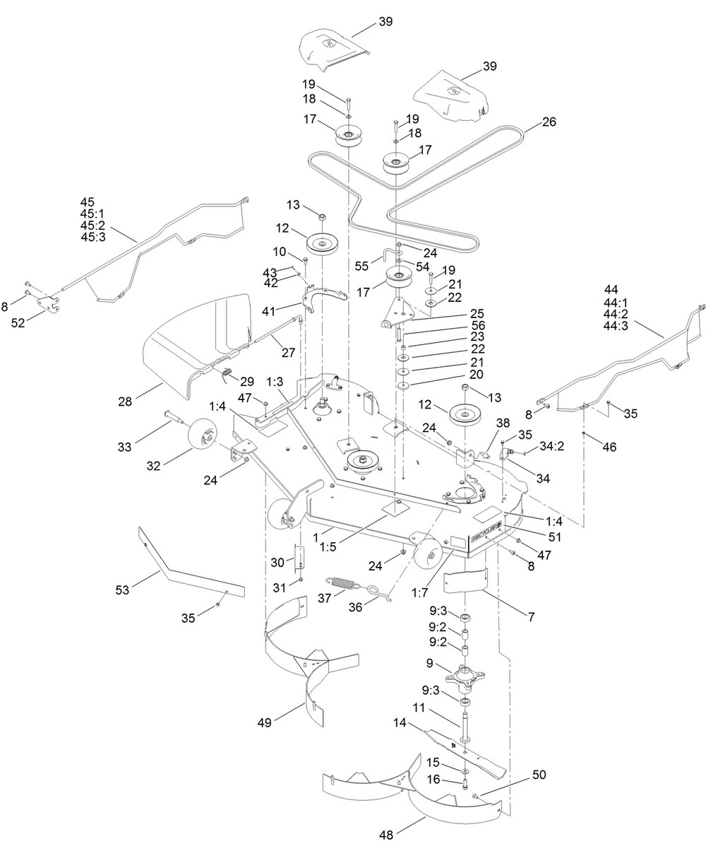 50in Deck And Decal Assembly Diagram and Parts List for 74694 411000000 - 411799999 Toro Lawn Tractor