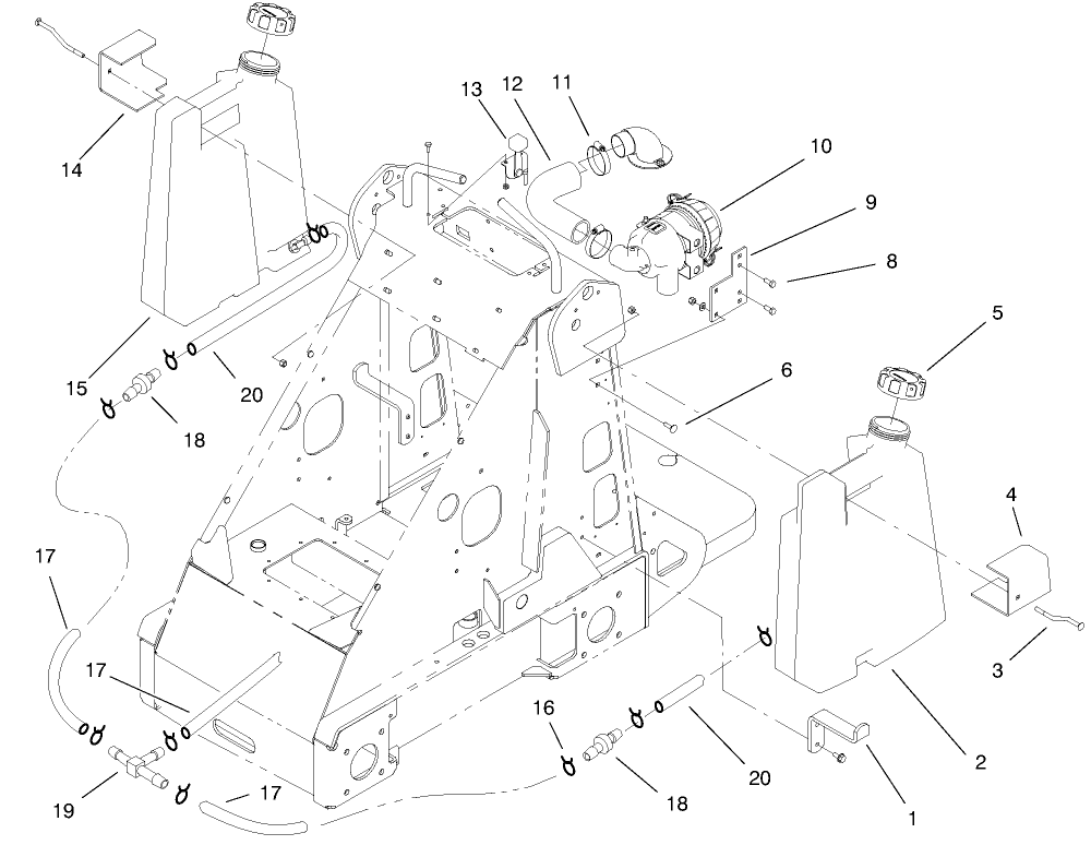 Fuel Tank And Air Filter Assembly Diagram and Parts List for 22305 990001 - 991007 Toro Lawn Tractor Accessories
