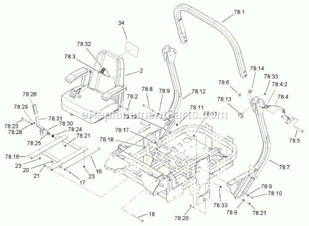 Seat And Roll-Over-Protection-System Assembly Diagram and Parts List for 74250 240000001-240999999 Toro Lawn Mower