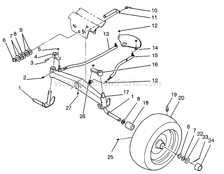 Front Axle Assembly Diagram and Parts List for 42-16BE01 2000001-2999999 - 1992 Toro Lawn Tractor