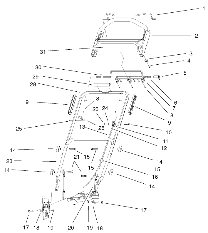 Handle & Controls Assembly Diagram and Parts List for 20027 9900001 - 9999999 Toro Lawn Mower
