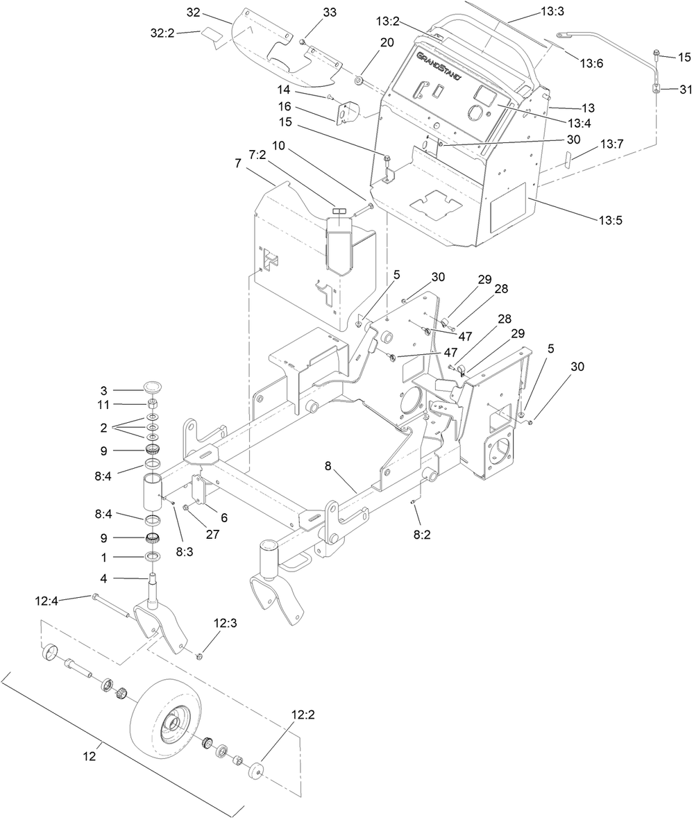 Main Frame Assembly Diagram and Parts List for 74534TE 418000000 - 999999999 Toro Lawn Tractor