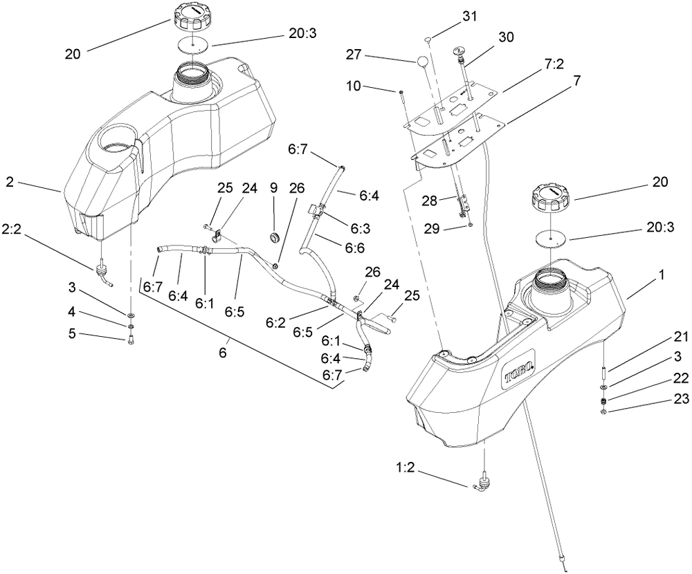 Fuel System Assembly Diagram and Parts List for 74415 (250000001-250005000)(2005) Toro Lawn Mower