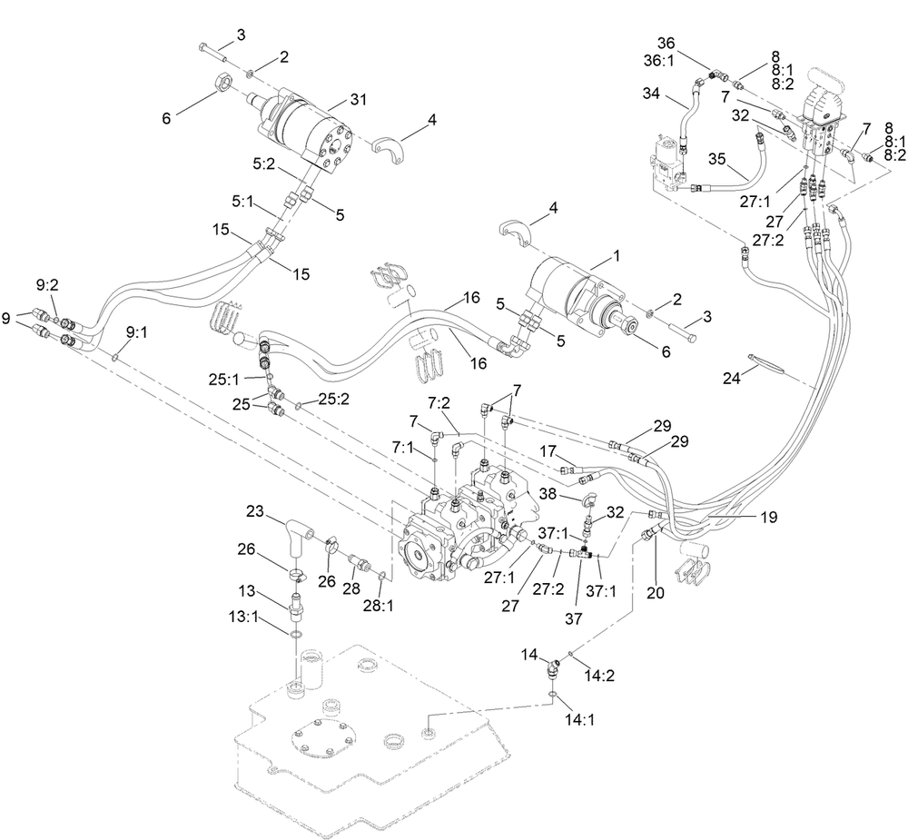 Hydraulic Motor And Hose Assembly Diagram and Parts List for 22328 409985647 - 410499999 Toro Lawn Tractor Accessories