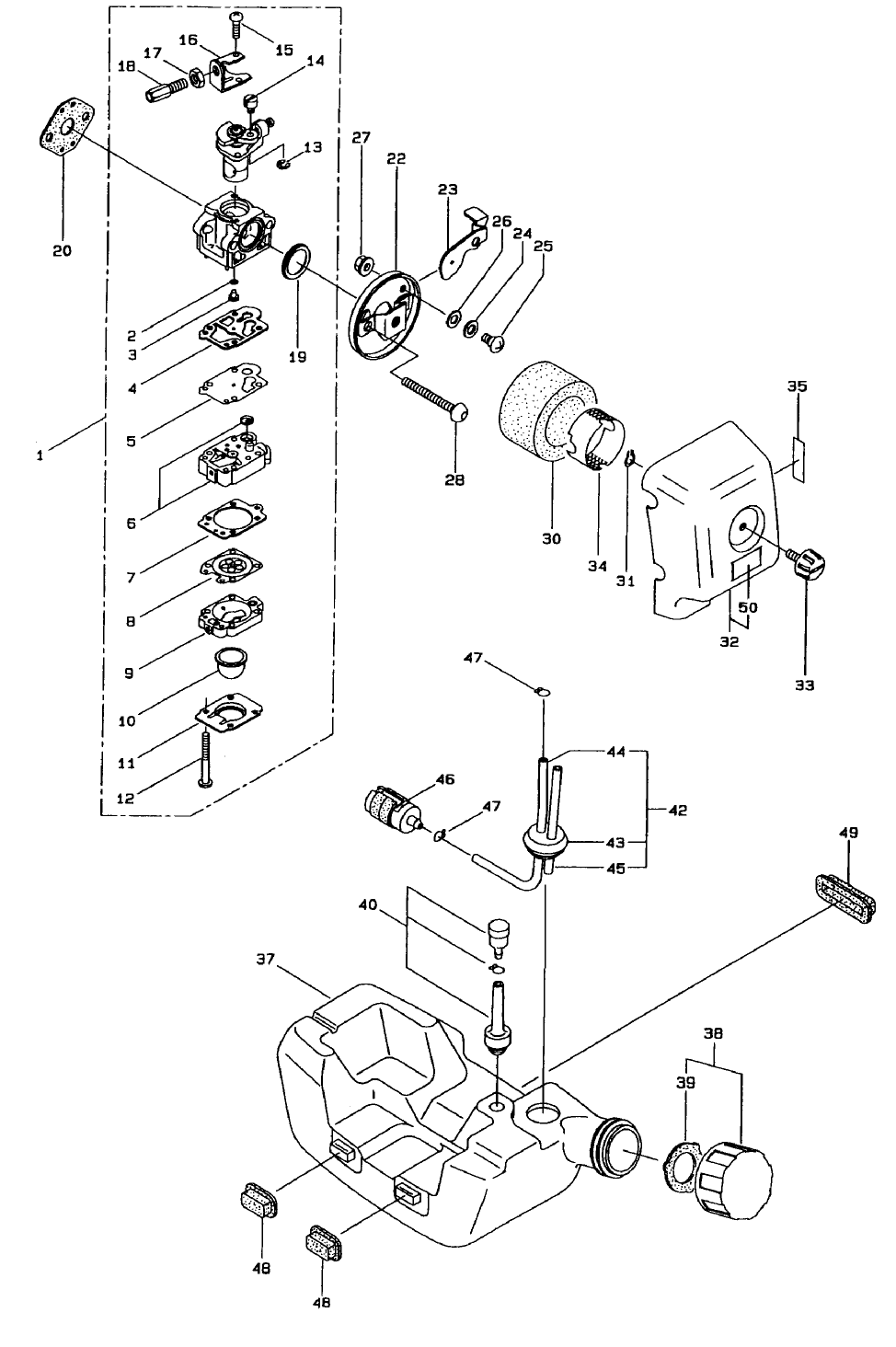 Carburetor And Fuel Assembly Diagram and Parts List for 53003 895001 - 899999 Toro Trimmer