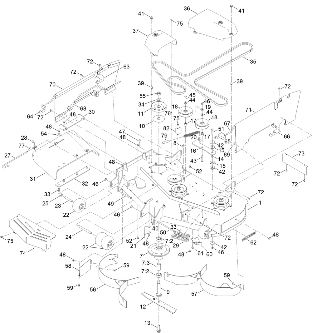 48 Inch Deck Assembly Diagram and Parts List for 76448 400000000 - 999999999 Toro Lawn Tractor