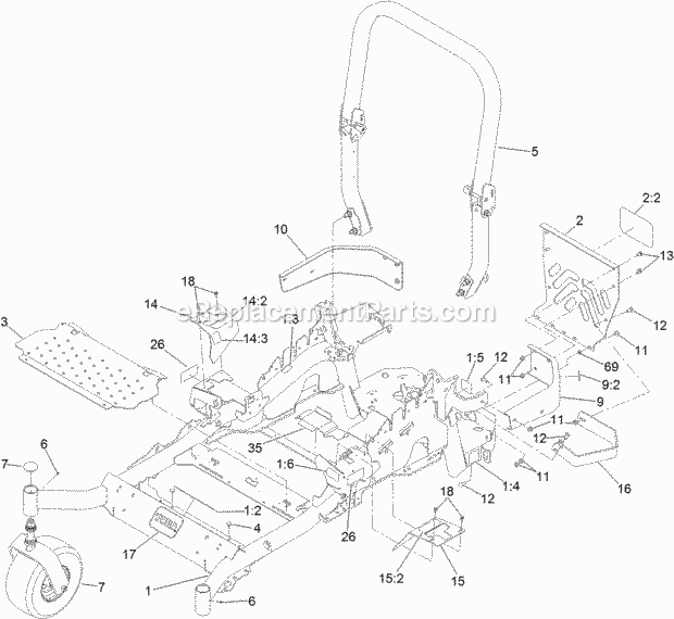Frame And Caster Wheel Assembly Diagram and Parts List for 74956 313000001-313999999 Toro Lawn Mower