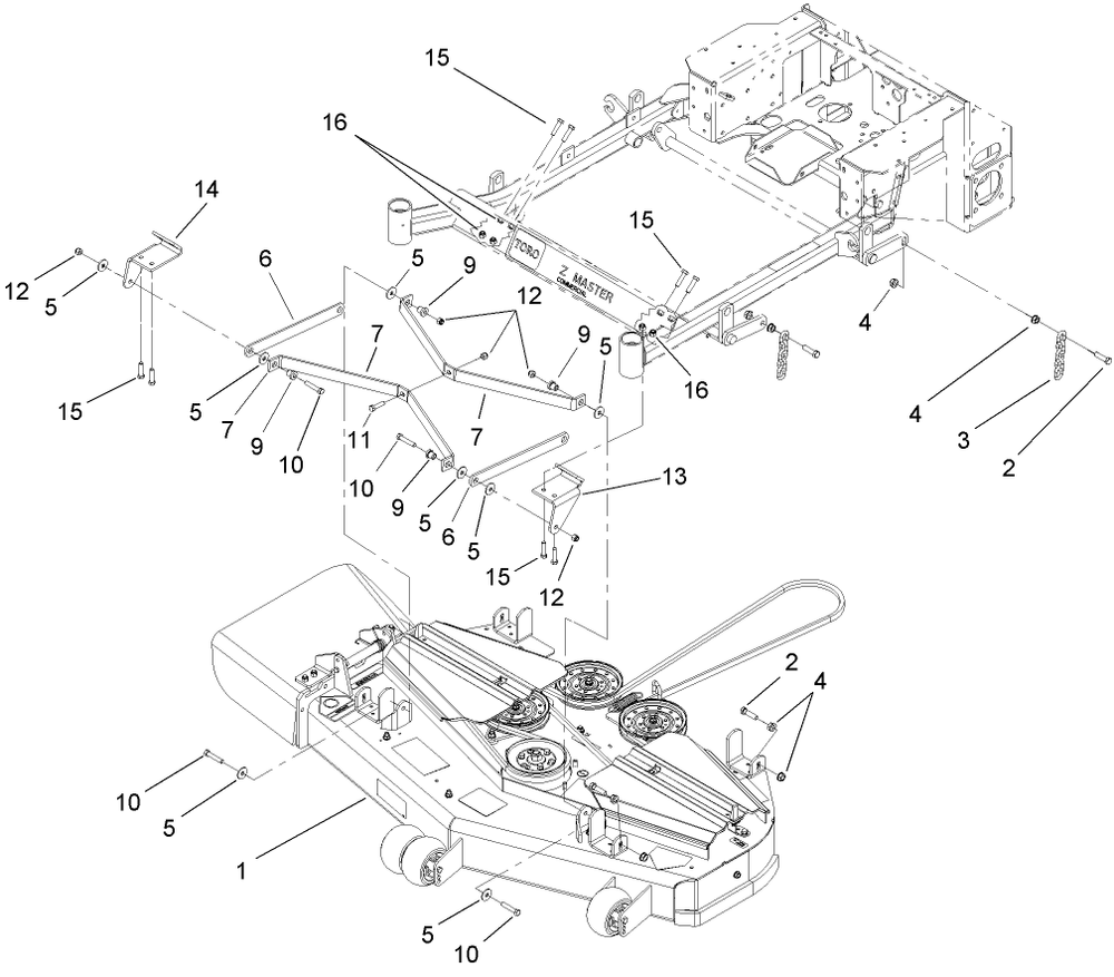 Deck Mounting Assembly Diagram and Parts List for 74410 (250007001-250999999)(2005) Toro Lawn Mower