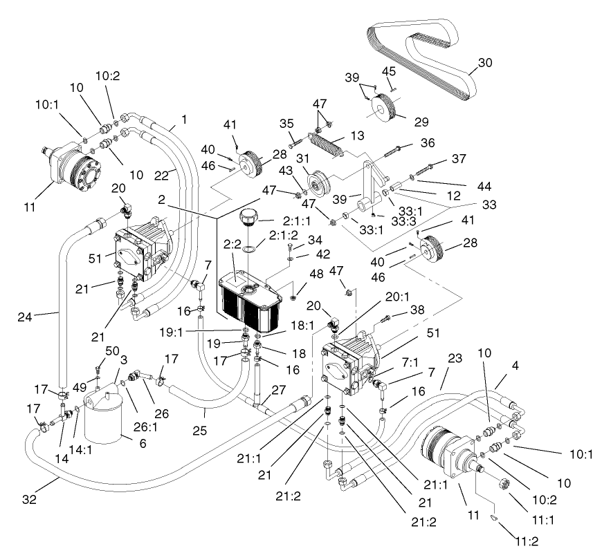 Hydraulic System Assembly Diagram and Parts List for 74231 (230000001-230006000)(2003) Toro Lawn Mower