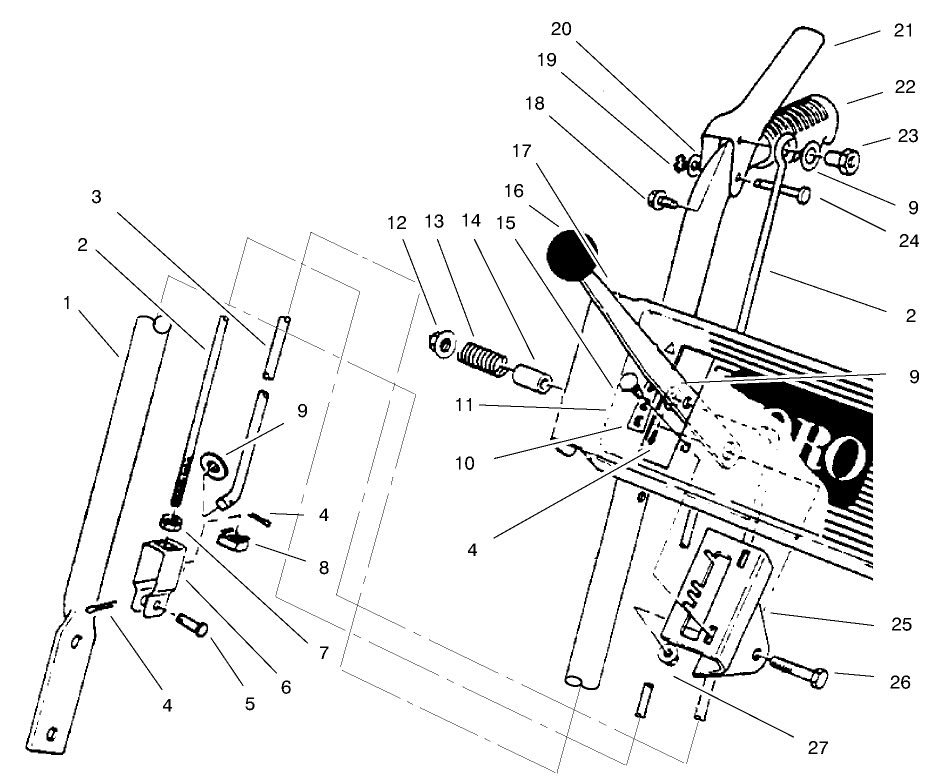 Handle Assembly Right Side Diagram and Parts List for 38072 8900001 - 8999999 Toro Snow Blower