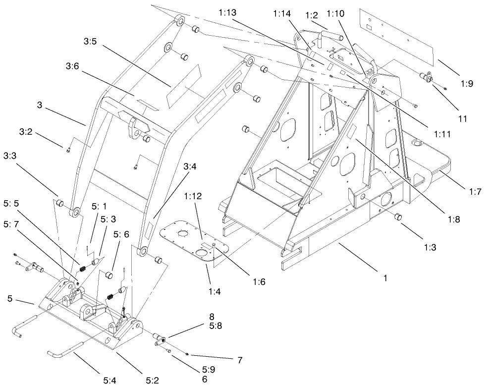 Frame And Loader Arm Assembly Diagram and Parts List for 22300 890001 - 899999 Toro Lawn Tractor Accessories