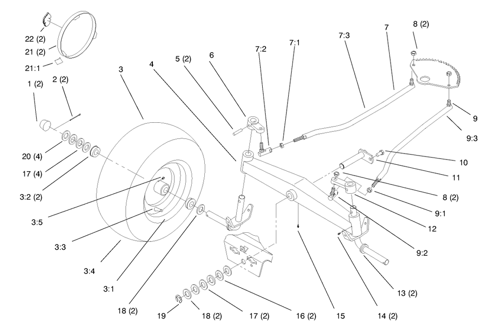 Front Axle Diagram and Parts List for 72104 8900001 - 8900599 Toro Lawn Tractor